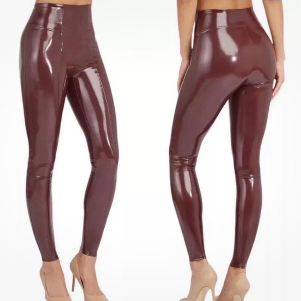 Spanx Faux Leather Patent Leggings Dark Cherry Burgundy High Rise Large L/G